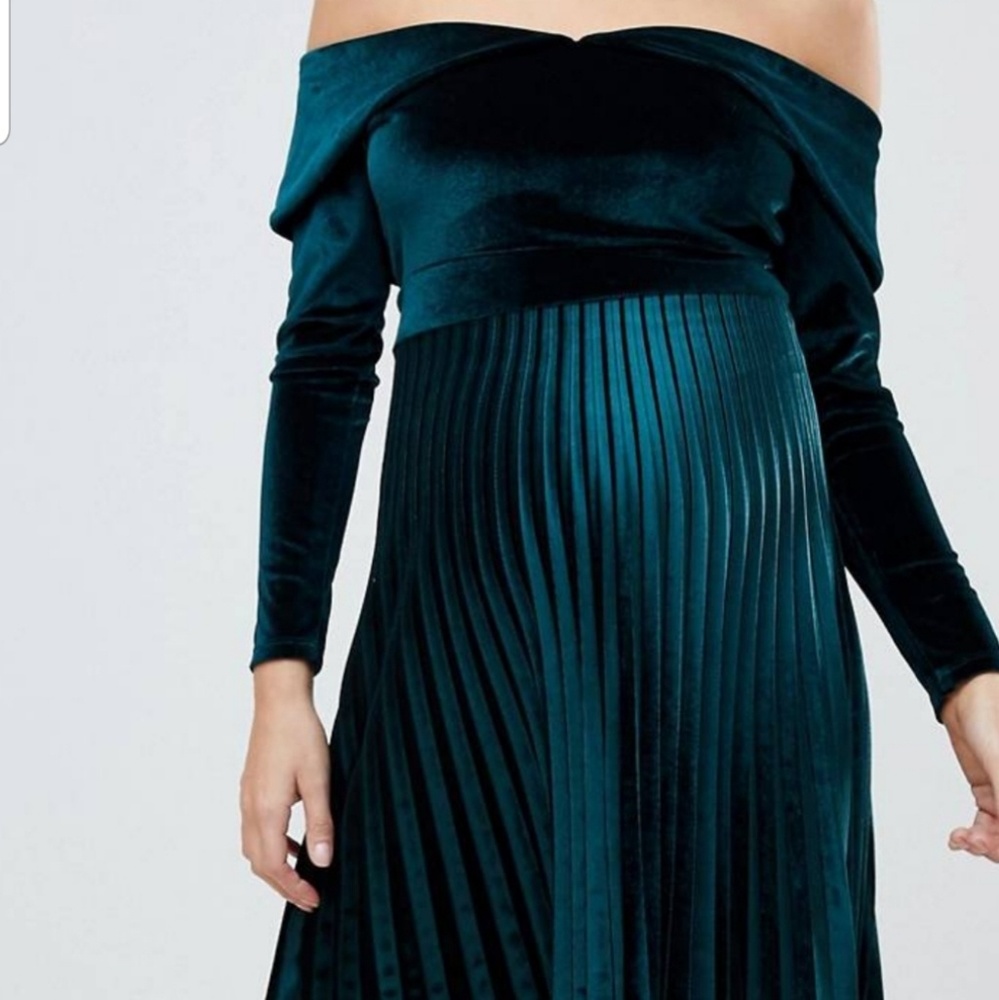 Velvet pleated bardot midi maternity dress